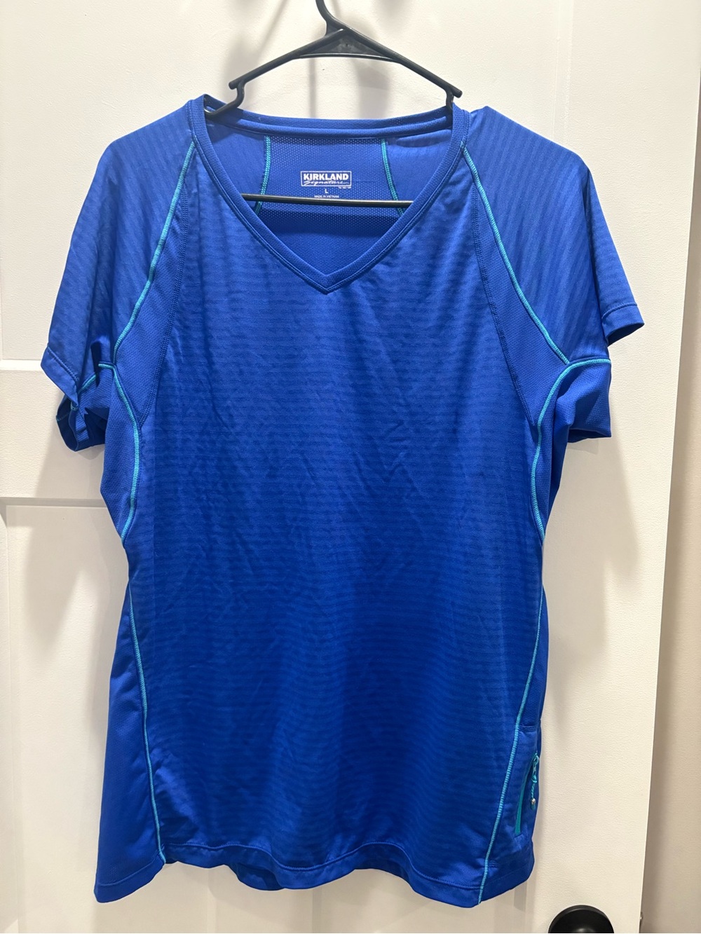 Kirkland Signature Blue V-Neck Short Sleeve Active Tee with Teal Stitching